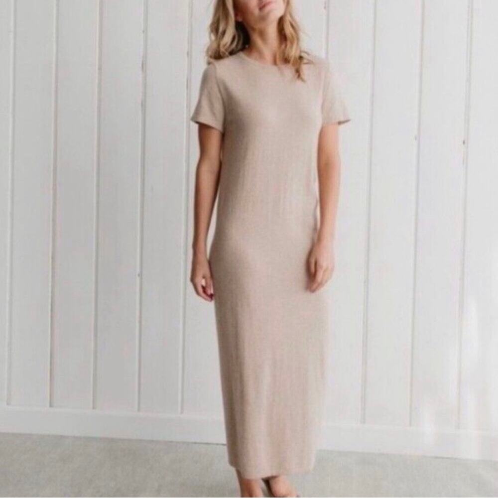 Jenni Kayne Eco Short Sleeve Knit T-Shirt Midi Dress Tan Soft Minimalist Small